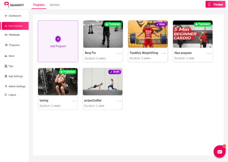 Programs in Squashfit App